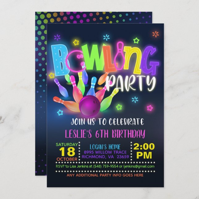 Neon Bowling Birthday Party Invitation (Front/Back)