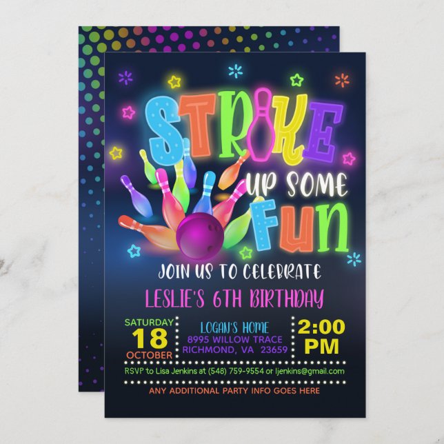 Neon Bowling Birthday Party Invitation - Strike Up (Front/Back)