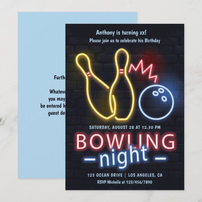 Neon Bowling Night Birthday Party Invitation (Front/Back)