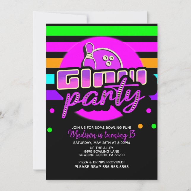 Neon Bowling Party Bash Birthday Party Invitation (Front)