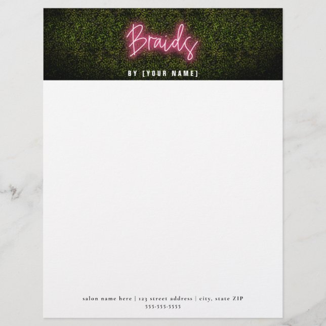 Neon Boxwood Hair Salon Braids Professional Letterhead (Front)