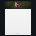 Neon Boxwood Hair Salon Professional Cosmetologist Letterhead<br><div class="desc">Pink neon sign inspired "Hair" script over a boxwood greenery inspired background at top with name in white.  Custom text at bottom.</div>