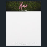 Neon Boxwood Hair Salon Professional Cosmetologist Letterhead<br><div class="desc">Pink neon sign inspired "Hair" script over a boxwood greenery inspired background at top with name in white.  Custom text at bottom.</div>