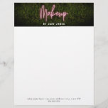 Neon Boxwood Makeup Professional Cosmetologist Letterhead<br><div class="desc">Pink neon sign inspired "Makeup" script over a boxwood greenery inspired background at top with name in white.  Custom text at bottom.</div>