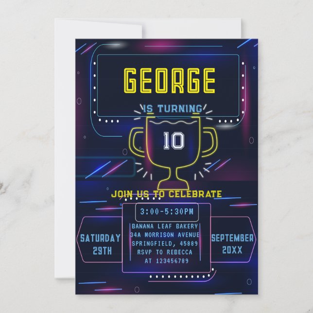 Neon  boy birthday  invitation (Front)