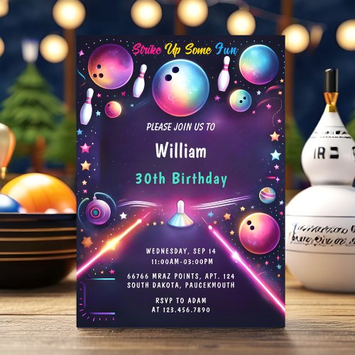 Neon Boy Kids Team Event Bowling 30th Birthday Invitation