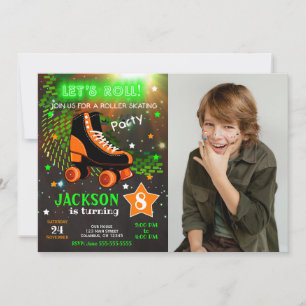 Neon Boy Roller Skating Photo Birthday Invitation