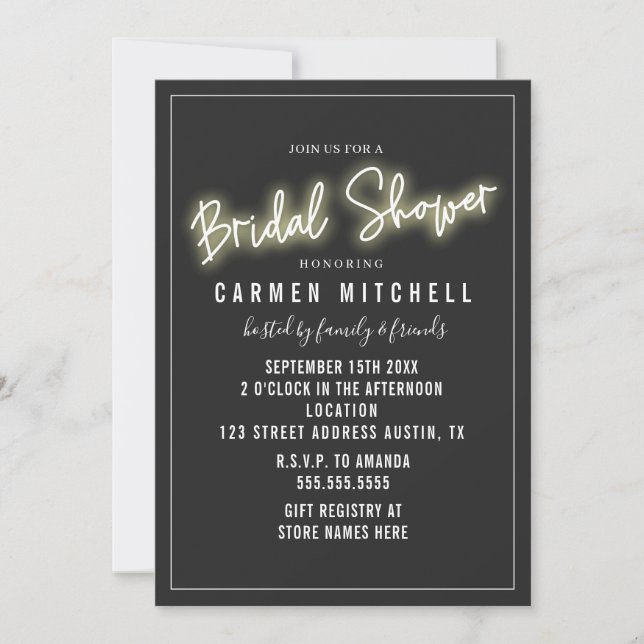 Neon Bridal Shower White Sign Gray Background Invitation (Front)