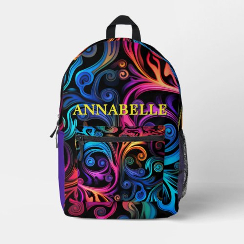 Neon Bright Color Swirls Monogram Printed Backpack