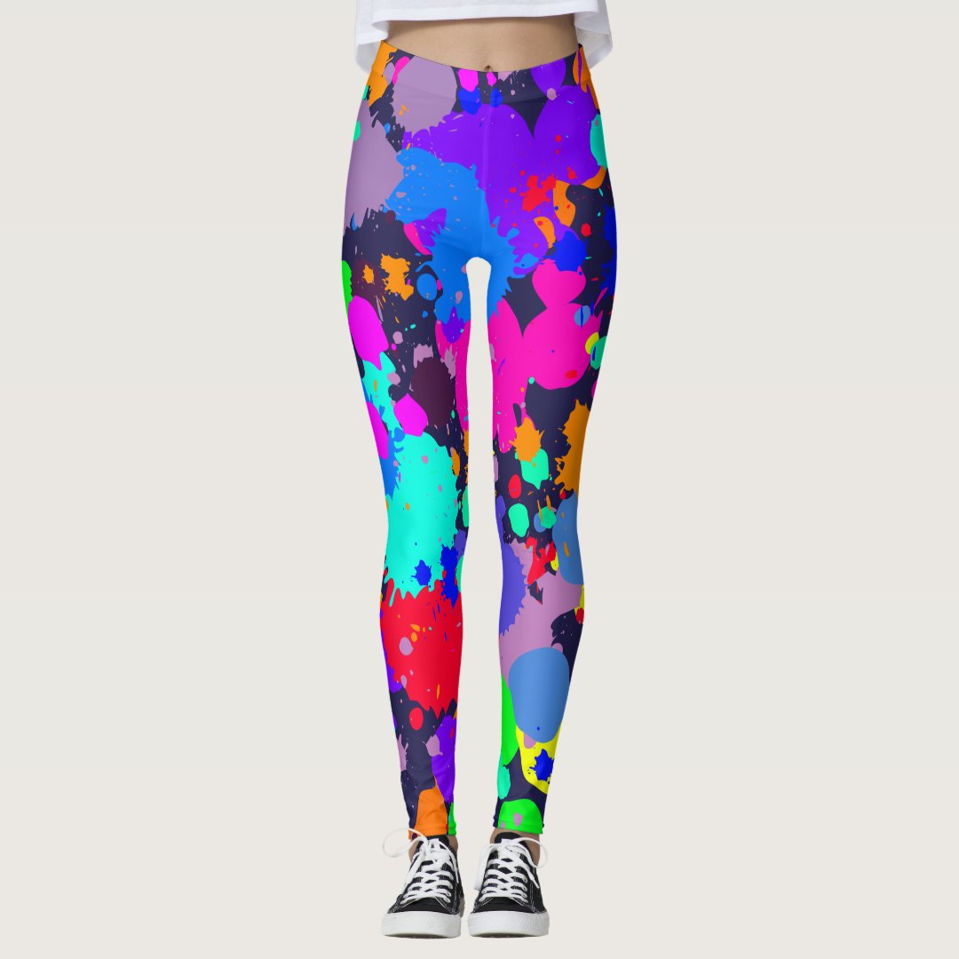 Neon bright colorful paint splatter leggings | Zazzle