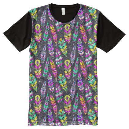 Neon bright colorful tribal feathers pattern dark All-Over-Print T-Shirt