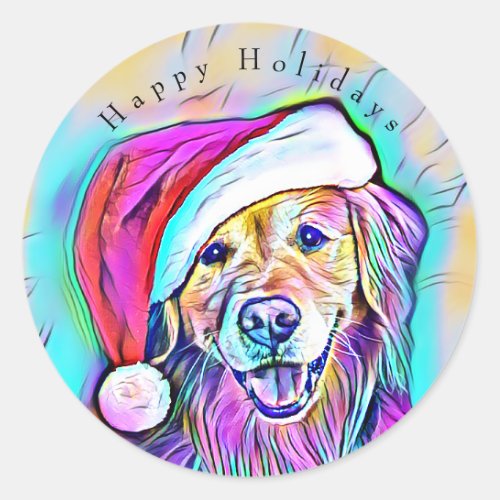 Neon Bright Colors Christmas Golden Retriever Art Classic Round Sticker