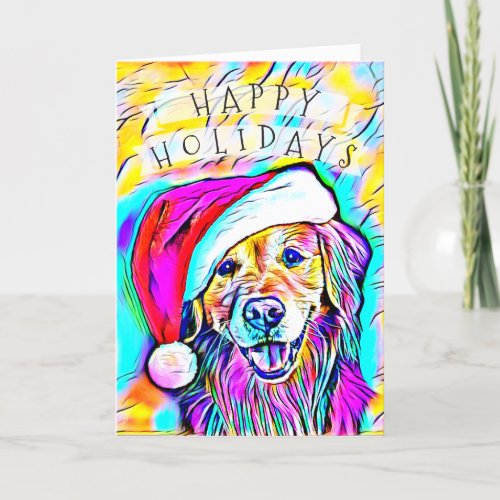 Neon Bright Colors Christmas Golden Retriever Art Holiday Card