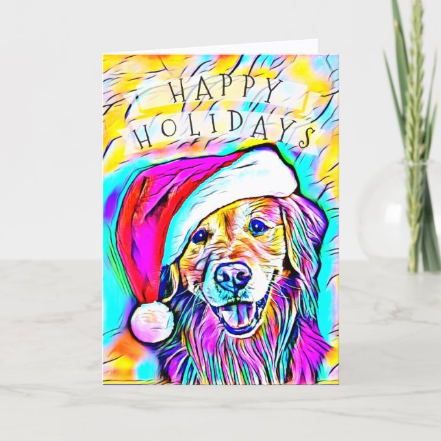 Neon Bright Colors Christmas Golden Retriever Art Holiday Card (Front)