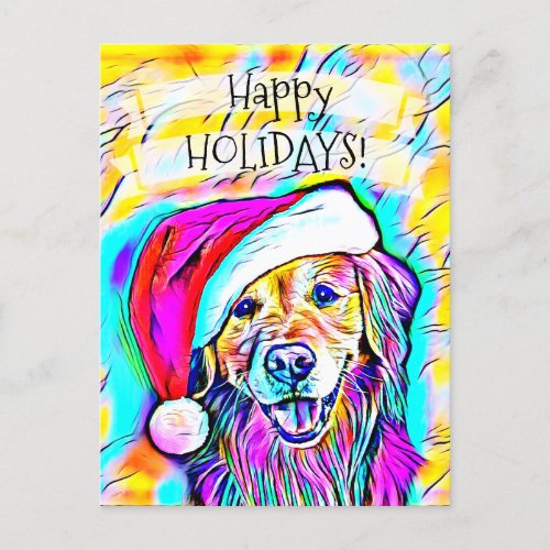 Neon Bright Colors Christmas Golden Retriever Art Holiday Postcard