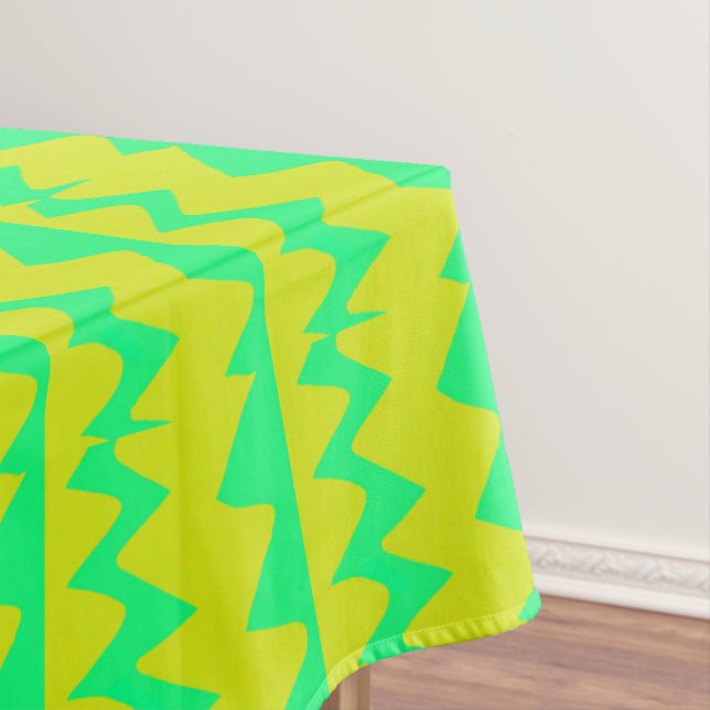 Neon bright green and yellow zigzag pattern tablecloth (In Situ)
