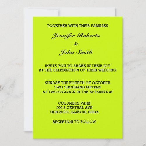 Neon Bright Lime Green Wedding Colorful Custom Invitation