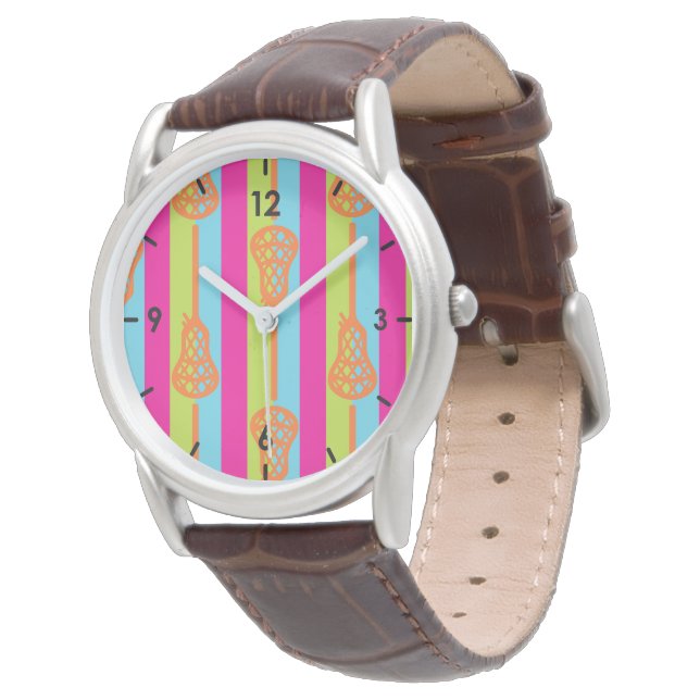 Neon Bright Retro Lacrosse Sticks and Stripes Watch (Angled)