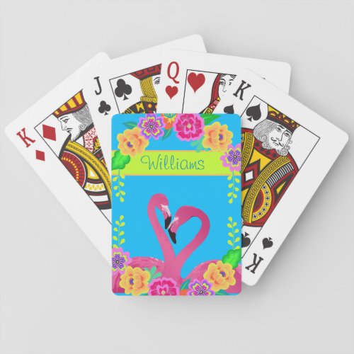 Neon Bright Tropical Flowers Flamingo Add Any Name Playing Cards