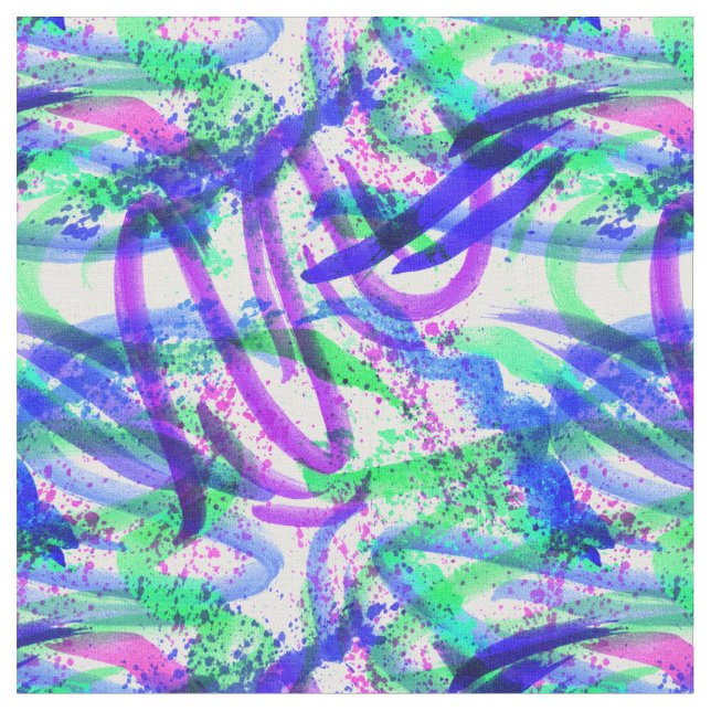 Neon Brushstroke Paint Splatter Mint Green Magenta Fabric (Close Up)