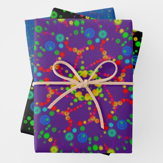 Neon Bubble Orbs Mandala Triple Design Wrapping Paper Sheets (In situ)