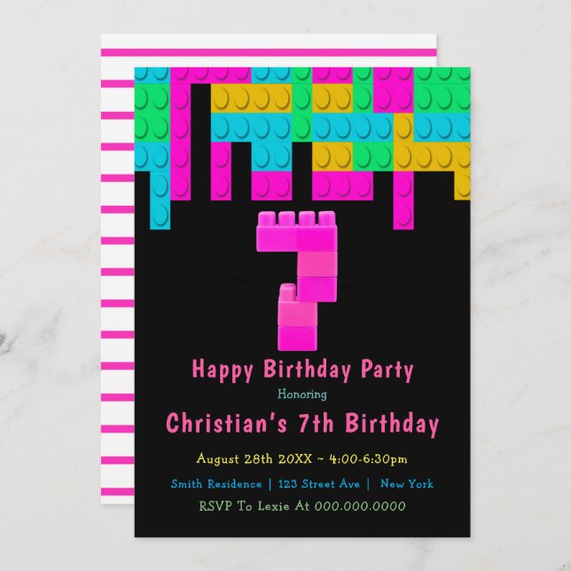 Neon Building Blocks 7th Birthday Invitations (Front/Back)