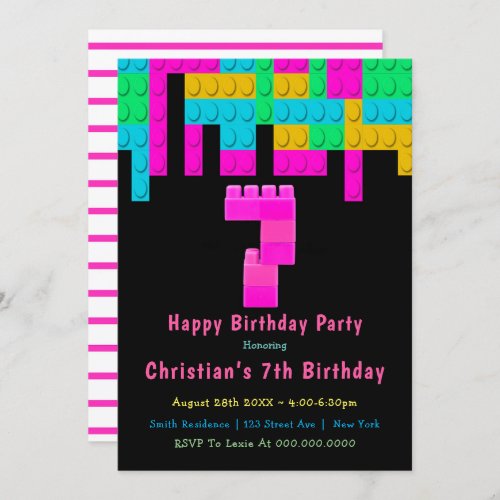 Neon Building Blocks 7th Birthday Invitations