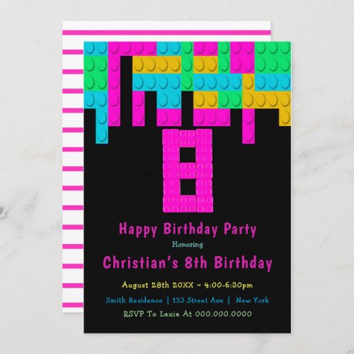 Neon Building Blocks 8th Birthday Invitations