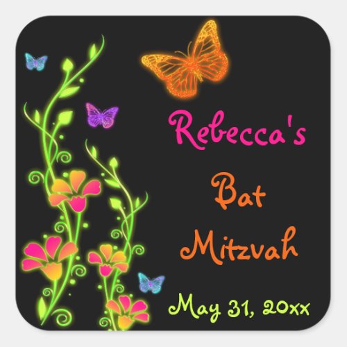 Neon Butterflies and Flowers Bat Mitzvah Sticker