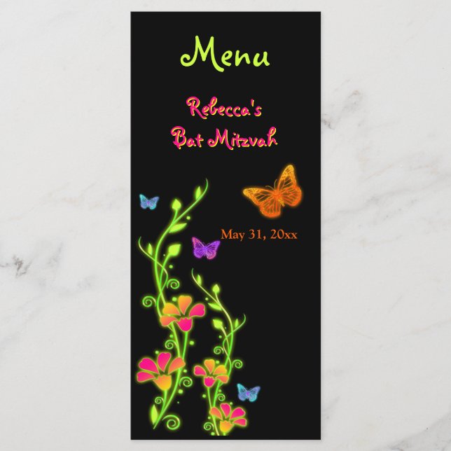 Neon Butterflies and Flowers Menu Card (Front)