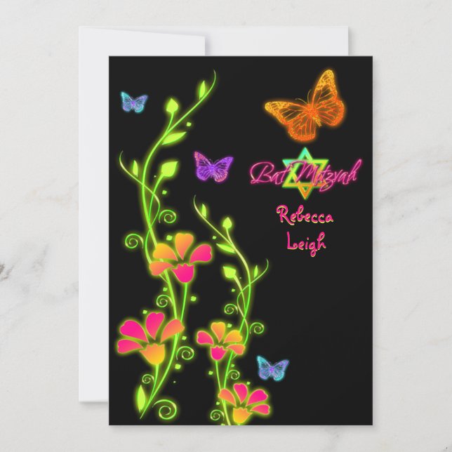 Neon Butterflies & Flowers Bat Mitzvah Invite 2 (Front)