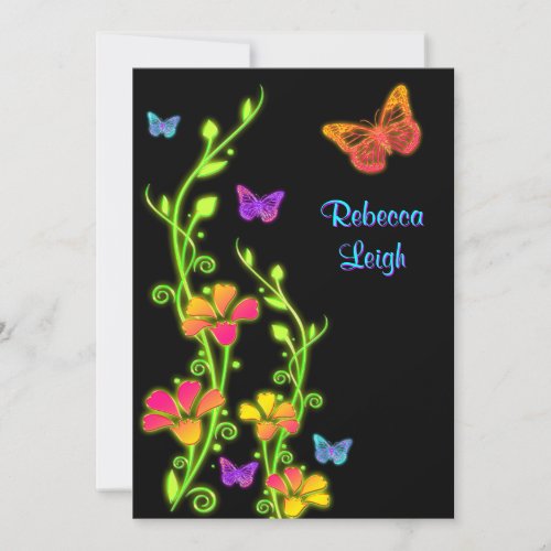 Neon Butterflies &amp; Flowers Bat Mitzvah Invite 3