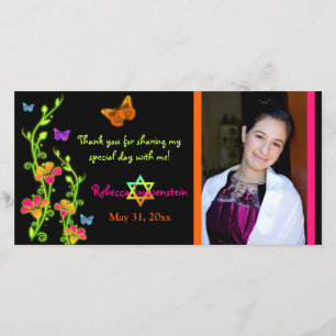 Neon Butterflies & Flowers Photo Thank You Card