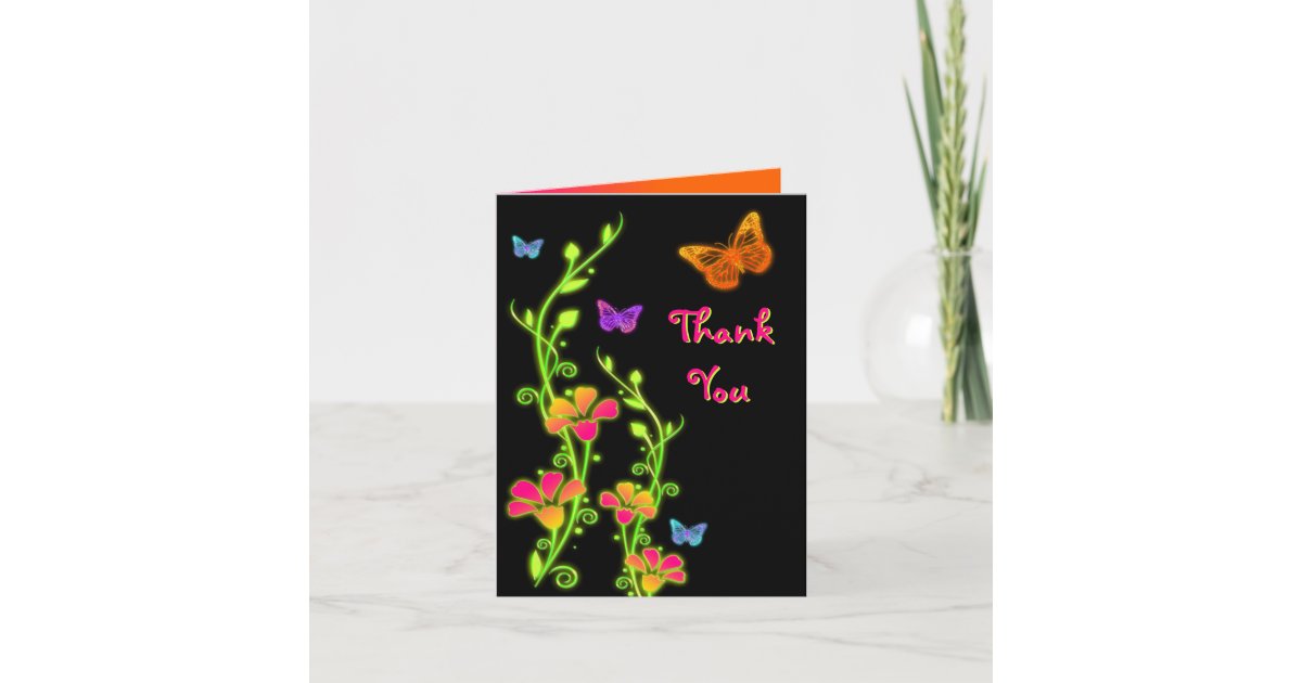 Neon Butterflies & Flowers Thank You Card | Zazzle