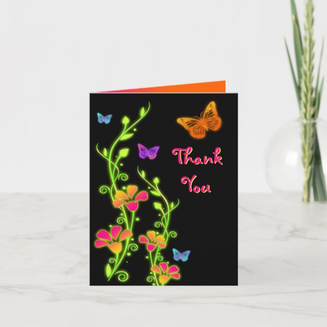 Neon Butterflies & Flowers Thank You Card (Front)