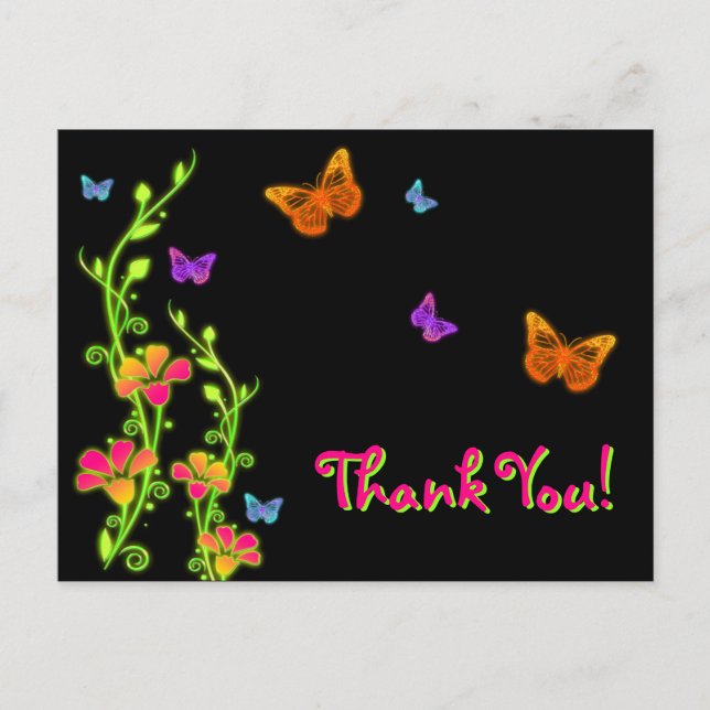Neon Butterflies & Flowers Thank You Post Card (Front)