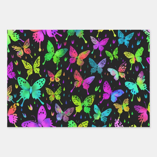 Neon Butterflies on Black Background Vibrant Wrapping Paper Sheets (Front 2)