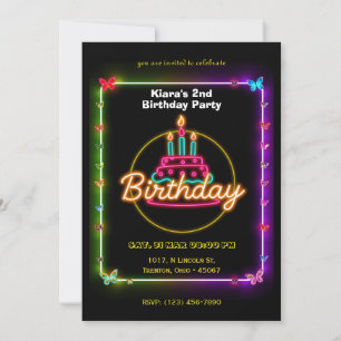 Neon Butterfly Birthday Card with Colorful Cake