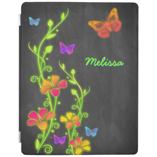 Neon Butterfly Floral Chalkboard iPad 2/3/4 Cover (Front)