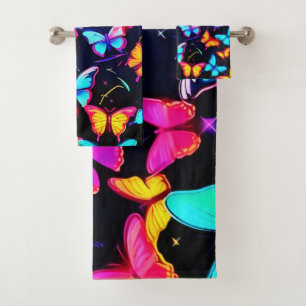 Neon Butterfly Pattern Bath Towel Set