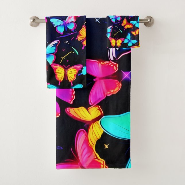 Neon Butterfly Pattern Bath Towel Set (Insitu)