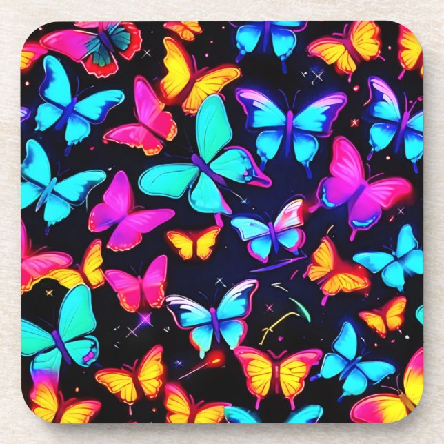 Neon Butterfly Pattern Beverage Coaster (Front)