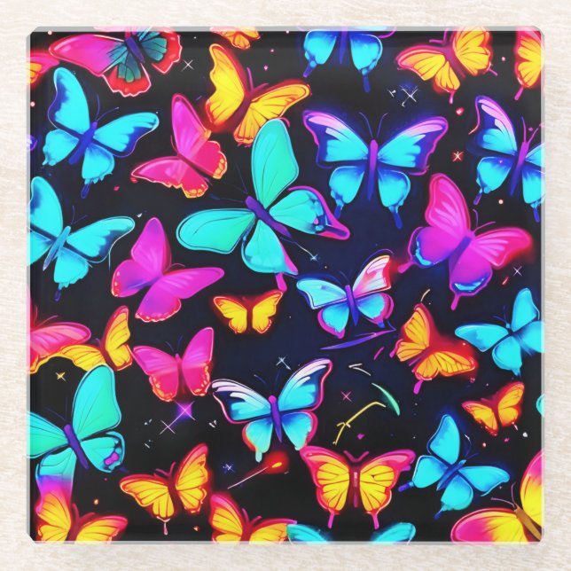 Neon Butterfly Pattern Glass Coaster (Front)