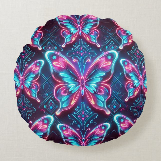 Neon butterfly pattern round pillow (Front)