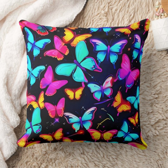 Neon Butterfly Pattern Throw Pillow (Blanket)