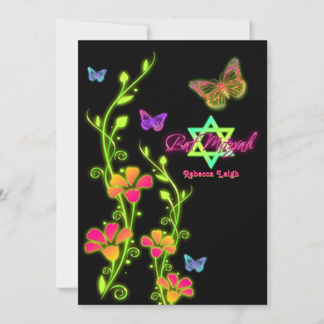 Neon Buttterflies & Flowers Bat Mitzvah Invitation (Front)