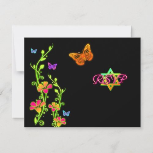 Neon Buttterflies &amp; Flowers Bat Mitzvah RSVP Card