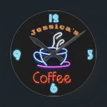 Neon CAFE COFFEE Clock Custom Add Name<br><div class="desc">Fun and modern this neon sign themed wall clock makes a great gift. Add a name to personalize. In this collection of neon light styled wall clocks are clocks for man cave (bar, happy, hour, beer and cocktail themes), coffee and cafe themes for the kitchen or workplace, car and garage...</div>