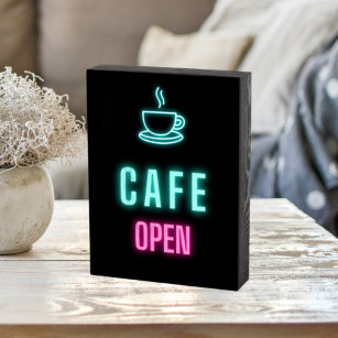 Neon Cafe Open Coffee Bar  Wooden Box Sign