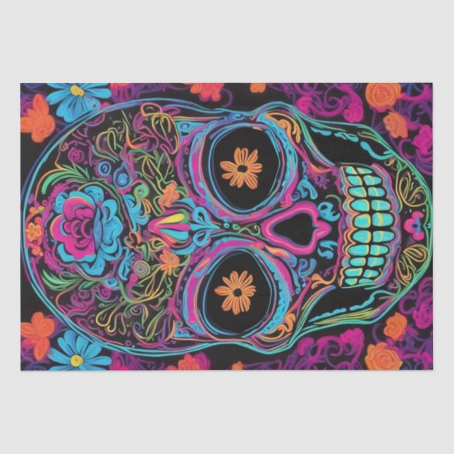 Neon Calavera: Day of the Dead Skull Decoupage  Tissue Paper (Front)